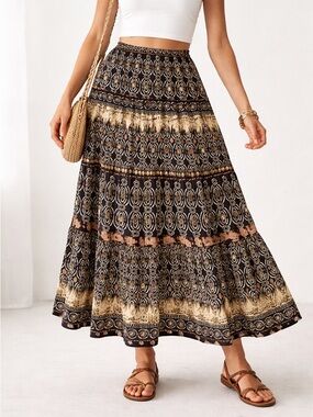 Notations Multi Print Boho Skirt Flowey